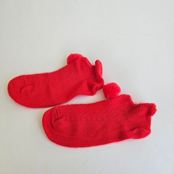 VTG Orlon Slipper Socks Red Stretch Knit Nylon PomPom Vintage 70s One Size - Picture 3 of 7